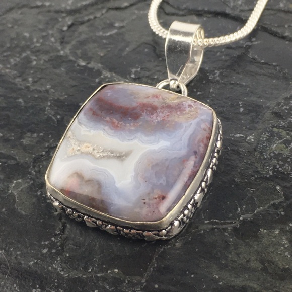New Crazy Lace Agate Stone Silver Pendant Necklace - Picture 4 of 9